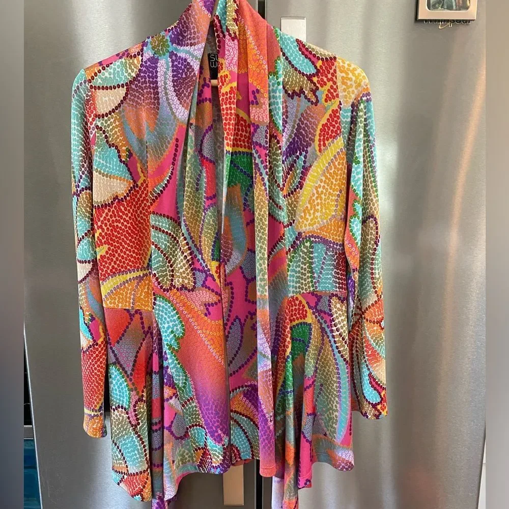Clara SunWoo gorgeous Draped Tunic open Cardigan in Mosaic Petal Print LG vacay! - Picture 10 of 11